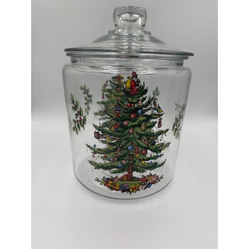 Vintage Spode Christmas Tree Clear Glass Apothecary W/sealed lid jar, Good Cond.